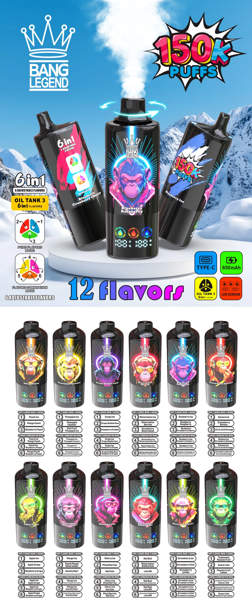 150k Puffs Vaper Bang Legend 150000 Disposable Vape 6 in 1 EU Warehouse