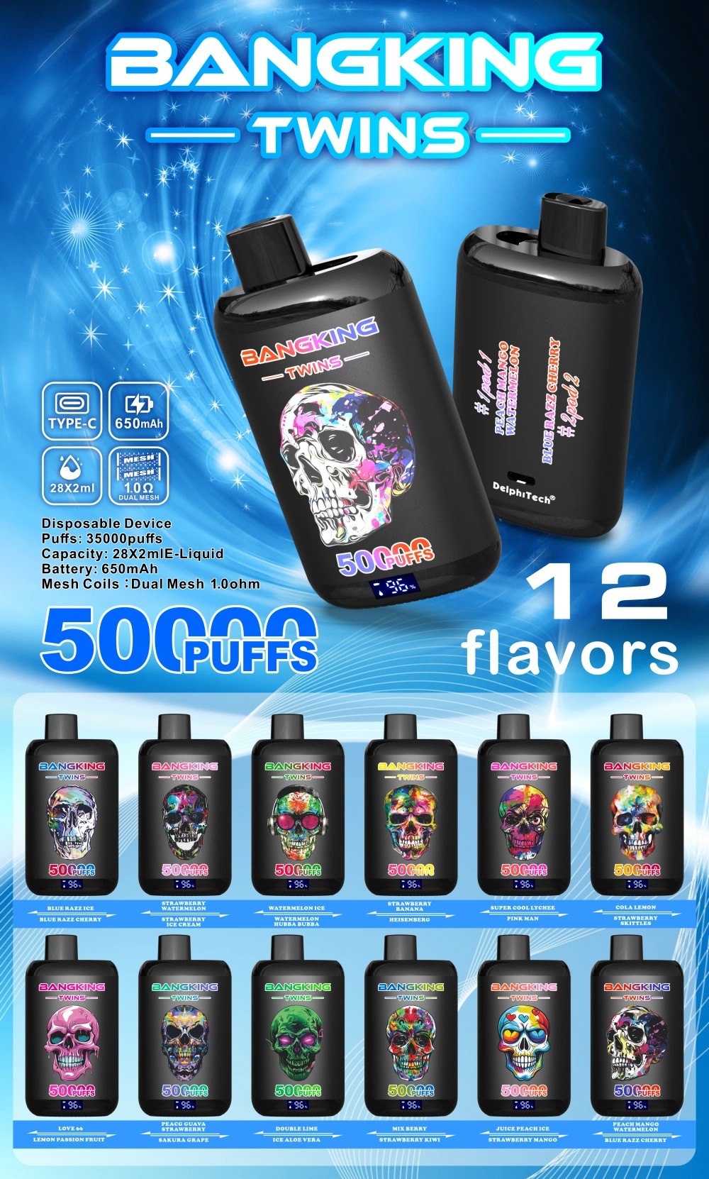 2 in 1 Vaper Bang King Twins 50k Puffs 50000 Dispposable Vape Free Shipping