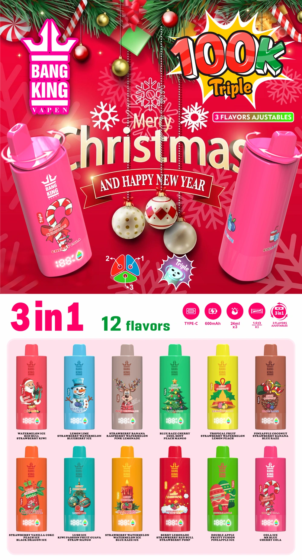 Bang King 100k Puffs Vape 3 in 1 Triple Merry Christams Gift Box 12 Flavors