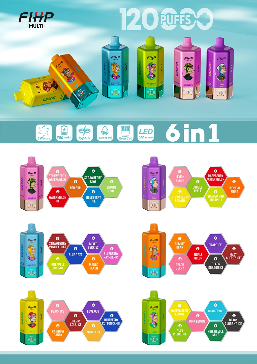 FIHP 120K Puffs 6 in 1 Disposable Vape 120000 Wholesale Free Shipping