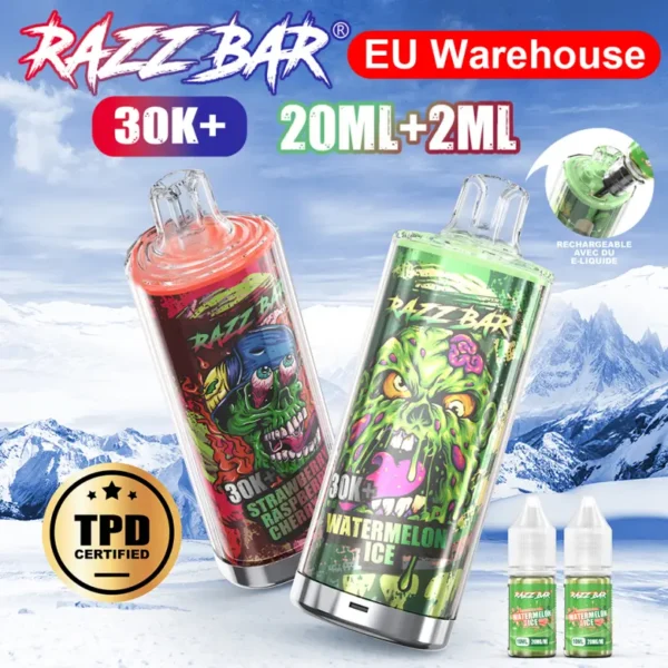 Puff 30000 Razz Bar 30k+ Puffs TPD Disposable Vape Wholesale Refillable with 20ml E-Liquid Free Shipping from EU