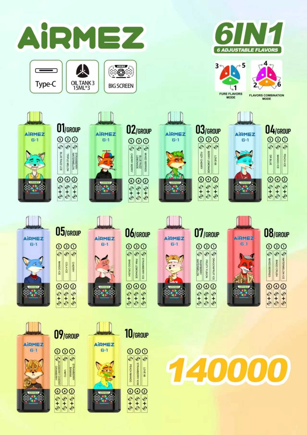 Airmez 140k Puffs 6 in 1 Disposable Vape Wholesale 3-7 Work Days Shipping EU Warehouse