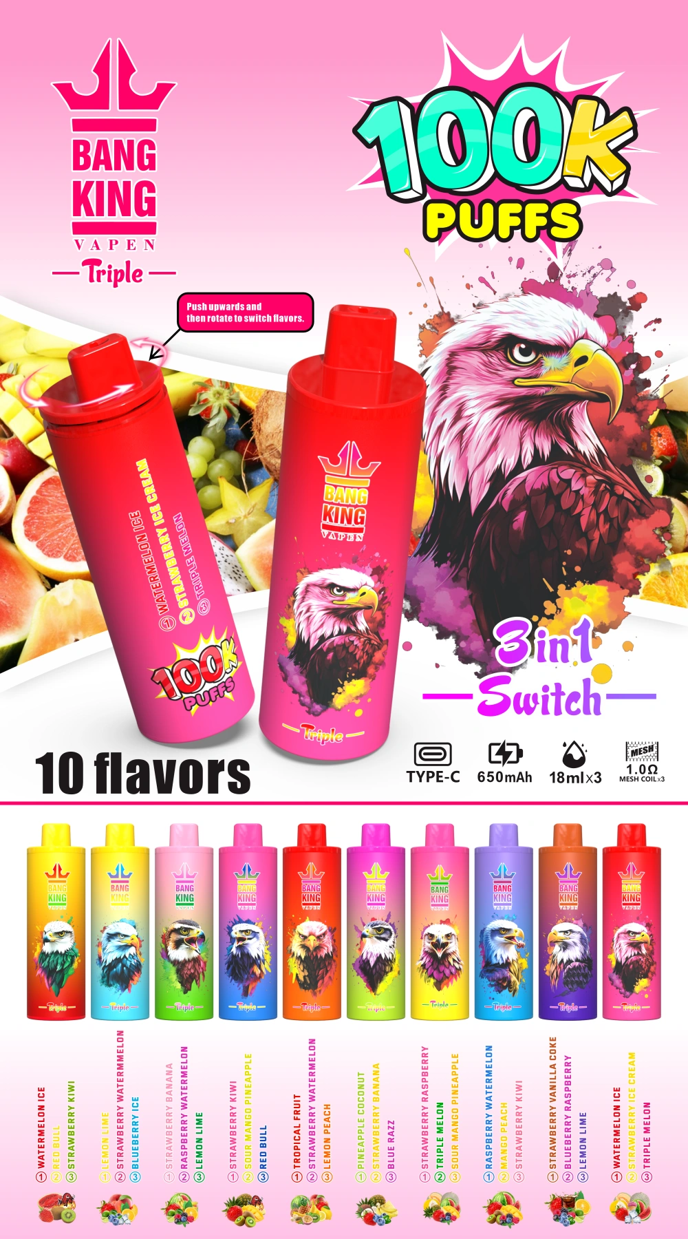 Bang King 100000 Puffs 100k Disposable Vape 3 in 1 Triple Flavors Free Shipping Wholesale