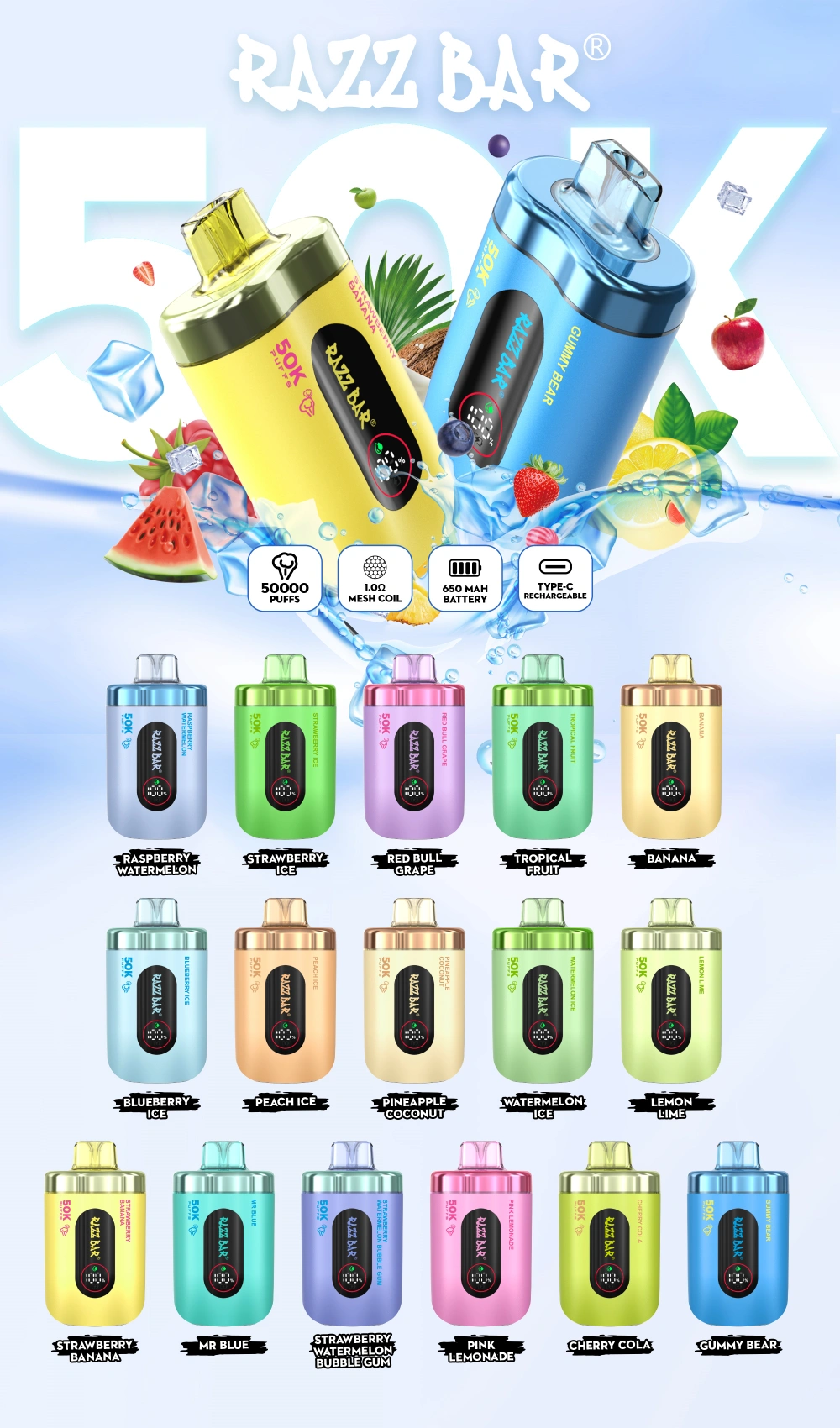 Razz Bar 50000 Puffs Rechargeable Disposable Vape Wholesale Free Shipping