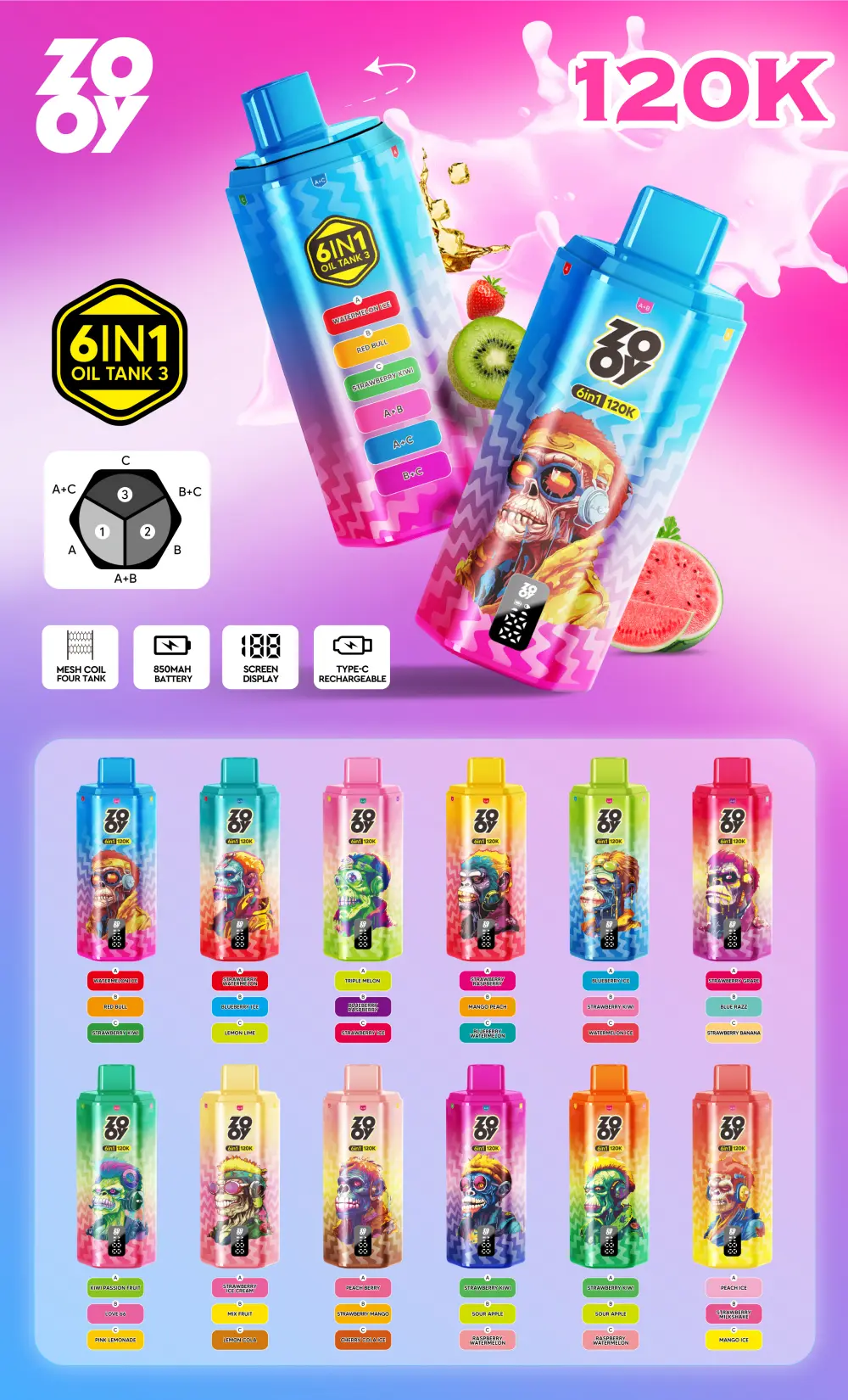 ZOOY 120K Puffs Disposable Vape 6 in 1 Vaper 120000 Puff Free Shipping