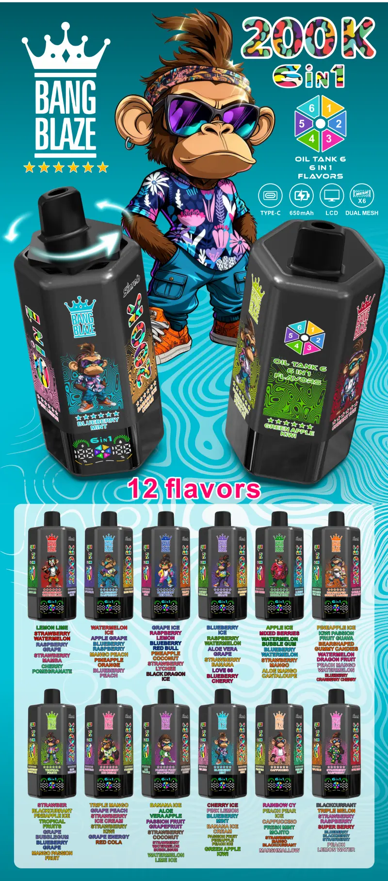 Bang Blaze 200k Puffs 6 in 1 Longest Lasting Disposable Vape 200000 Free Shipping