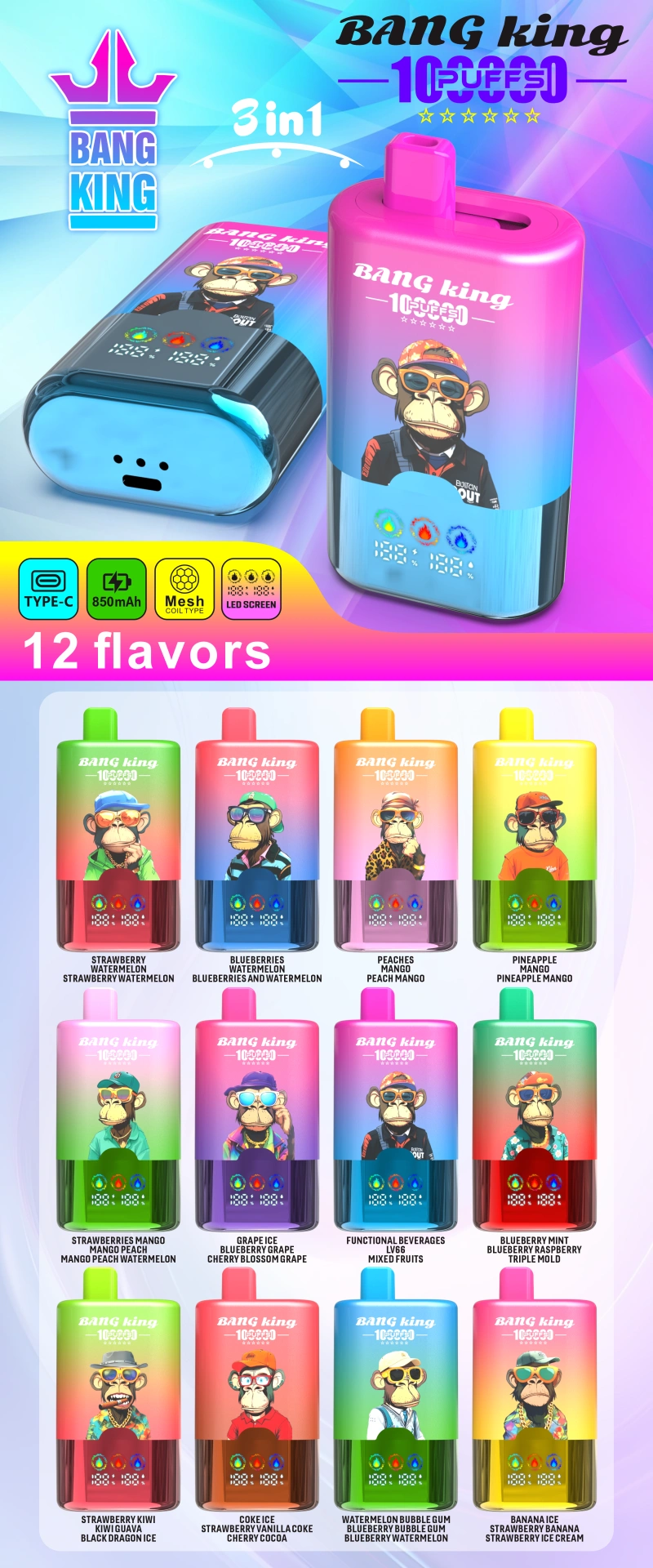 Bang King 100k Puffs 3 in 1 Smart Screen Disposable Vape Wholesale Free Shipping