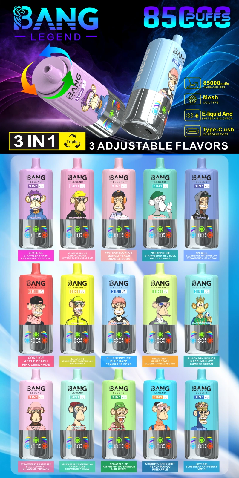 Bang Legend 85000 Puffs 85k 3 in 1 Disposable Vape Free Shipping China Warehouse