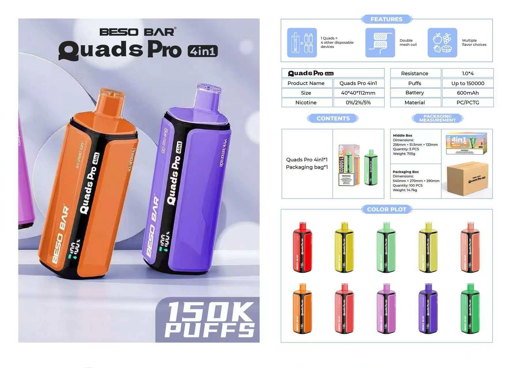 BESO BAR Quads Pro 150K Puffs 4 in 1 Fruit Flavored Disposable Vape Free Shipping