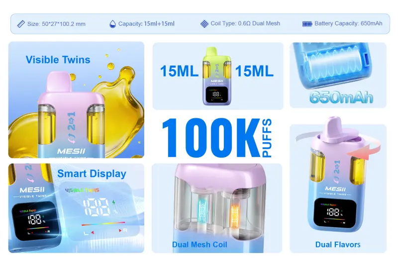 Mesii 100k Puffs Visible Twins Dual Flavors Crystal Disposable Vape Free Shipping