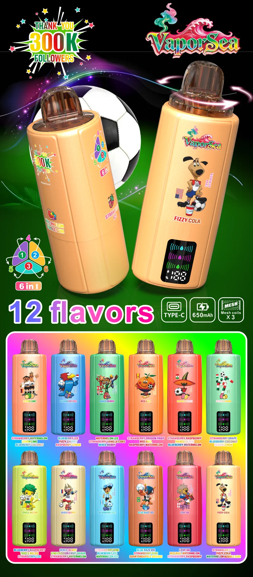 Vaporsea 300K Puffs 6 in 1 Rechargeable Disposable Vape Online Wholesale 17 Vaporsea 300K Puffs 6 in 1 Rechargeable Disposable Vape
