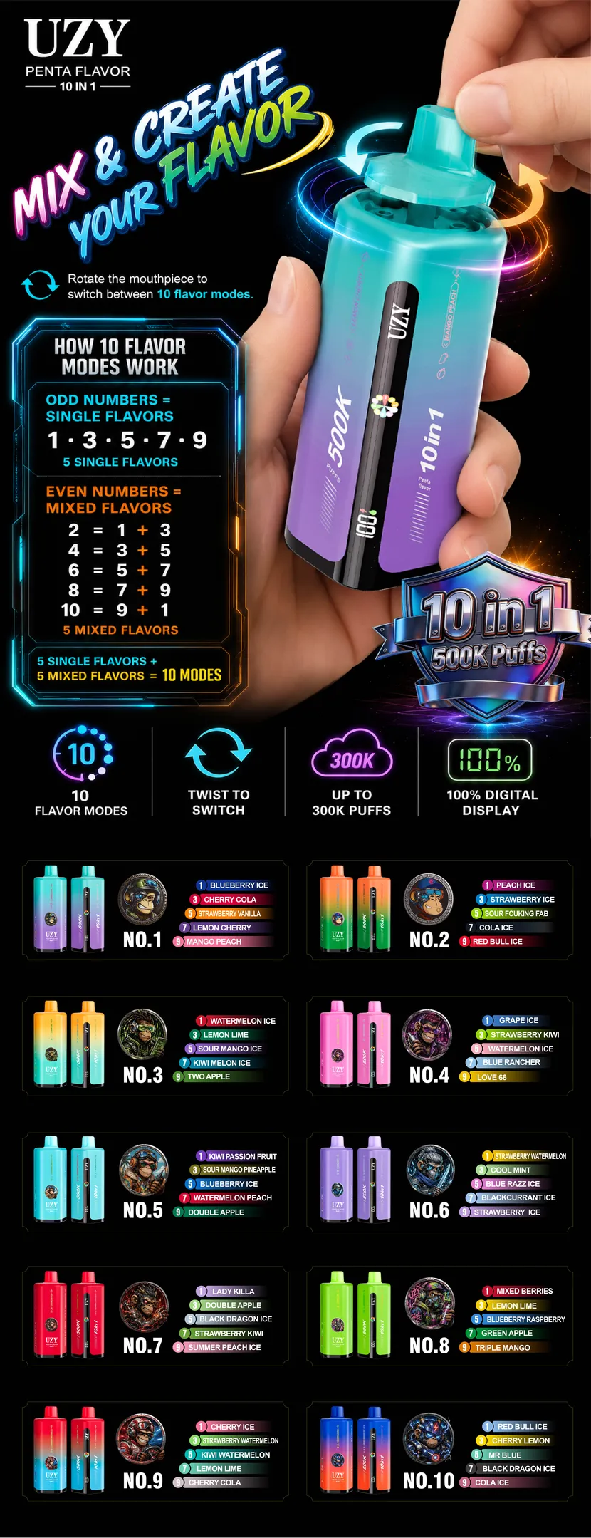 UZY 500K Puffs Wholesale Original Factory Smart Screen Online Wholesale 10in1 17 UZY 500K Puffs