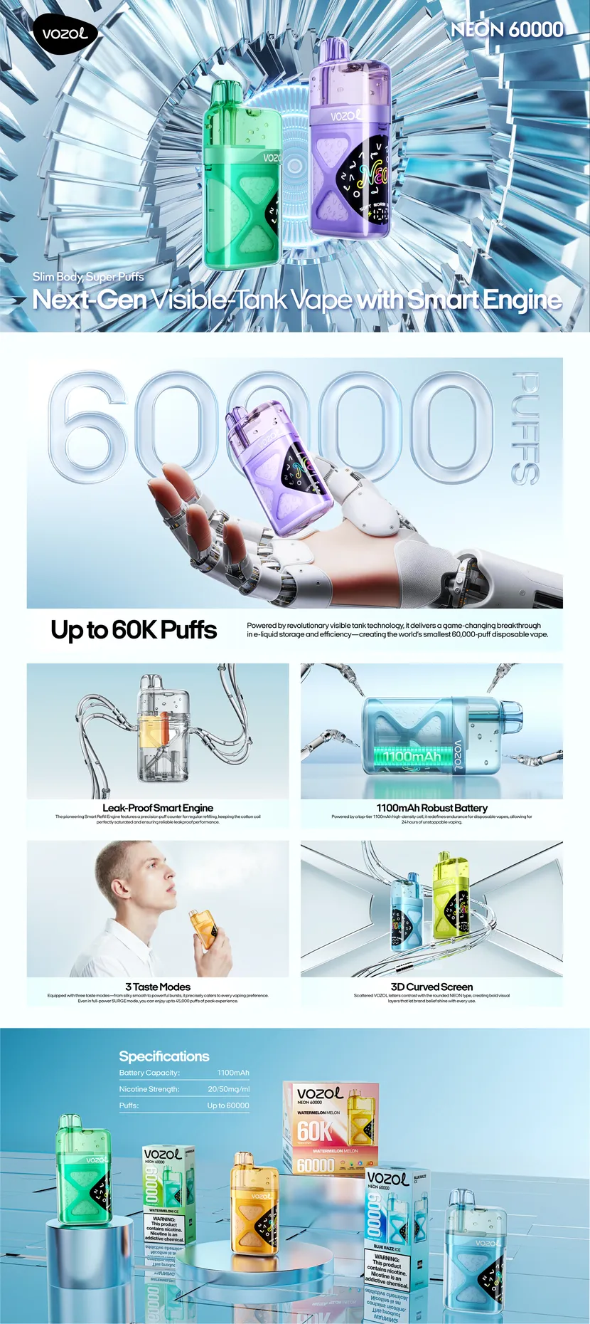 Vozol Neon 60K Puffs 3D Curved Screen Wholesale Rechargeable Visible Liquid Tank Europe Warehouse 17 Vozol Neon 60K